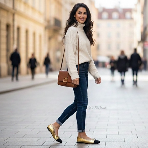 Sam Edelman Marley Gold Black Cap Toe Ballet Flats Women’s Size 9.5M Leather NIB - Picture 3 of 10